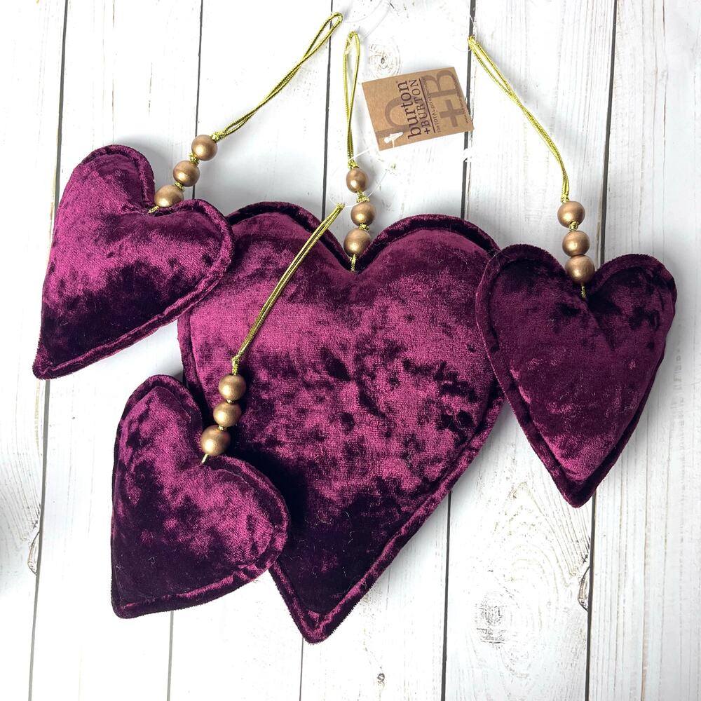 Burton+Burton Plush Velvety Heart Ornaments Decor Burgundy Wine Color Set of 4